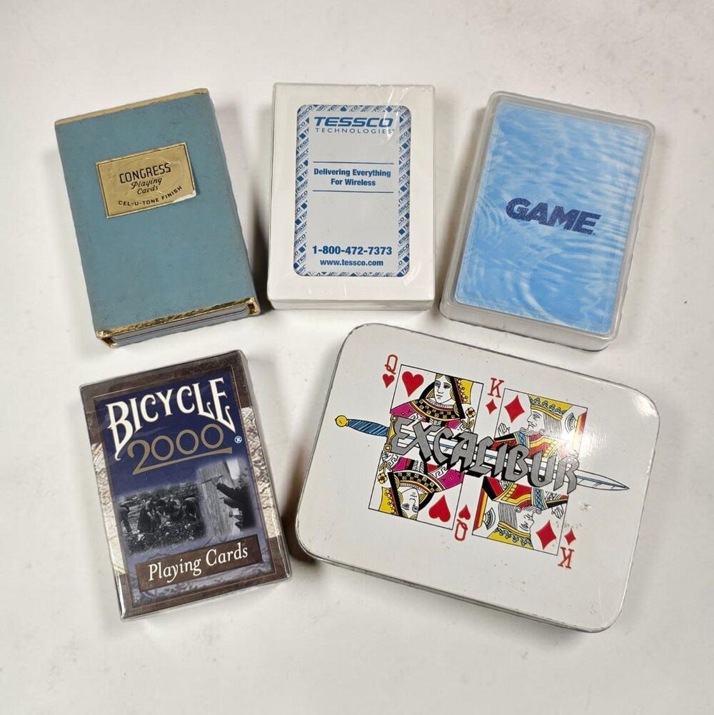 Lot of 5 Vintage Playing Cards Y2K Tech Promo, Novelty Derby Duck, Excalibur Tin